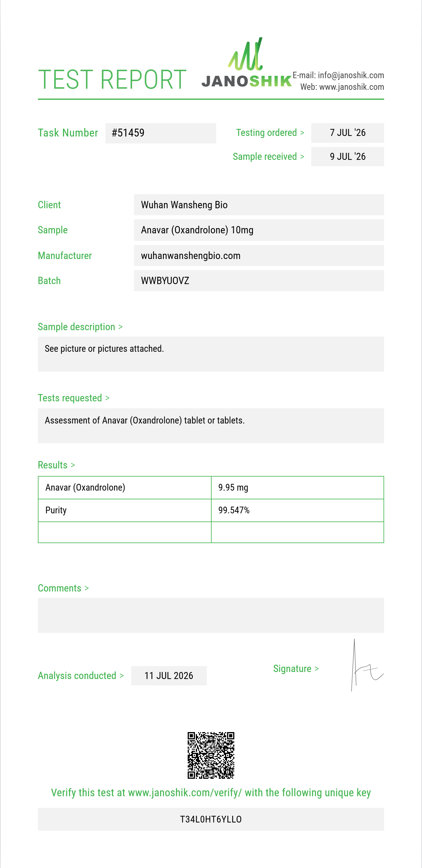 Anavar (Oxandrolone) Purity (HPLC) report by Janoshik Analytical