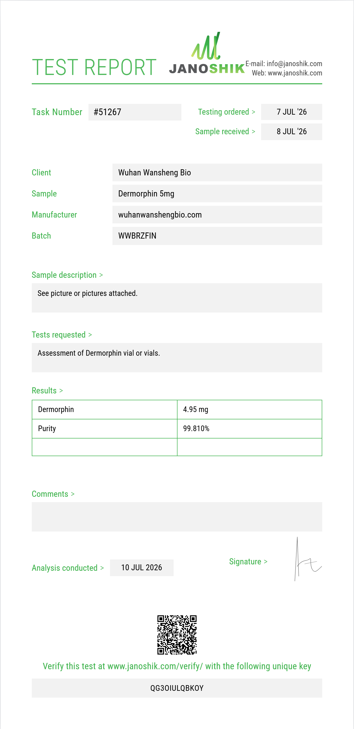 Dermorphin Purity (HPLC) report by Janoshik Analytical