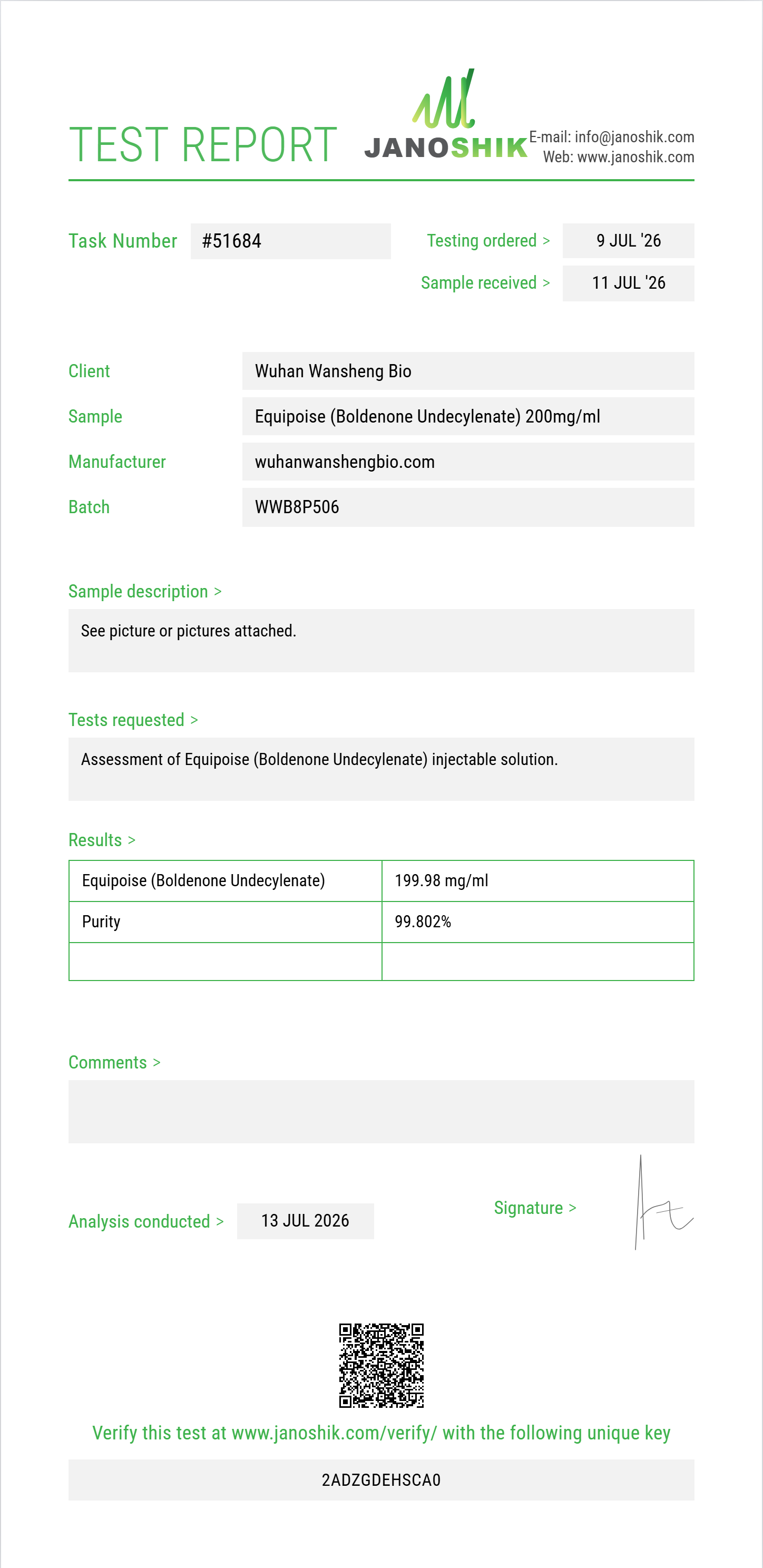 Equipoise (Boldenone Undecylenate) Purity (HPLC) report by Janoshik Analytical