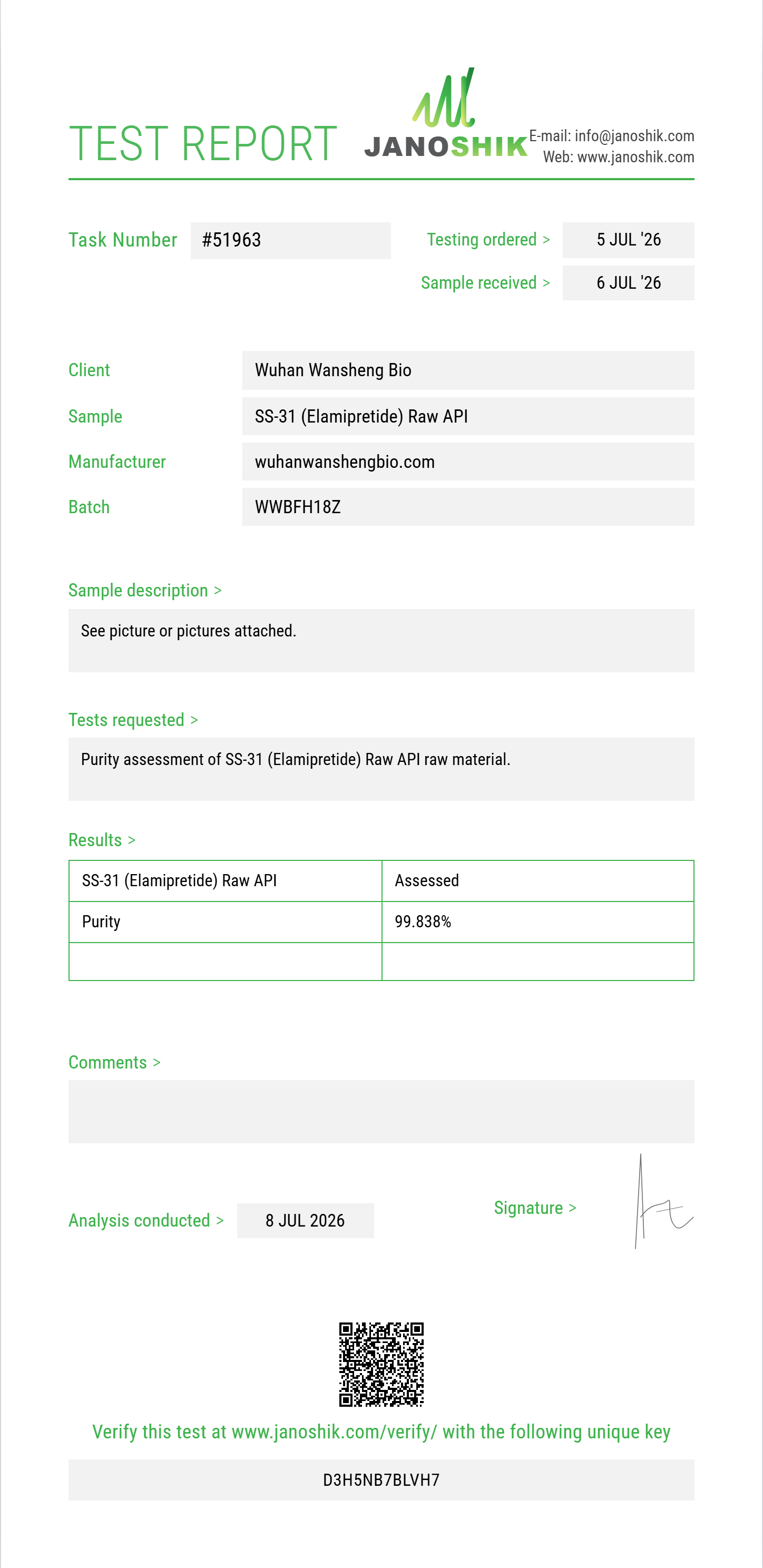 SS-31 (Elamipretide) Raw Purity (HPLC) report by Janoshik Analytical
