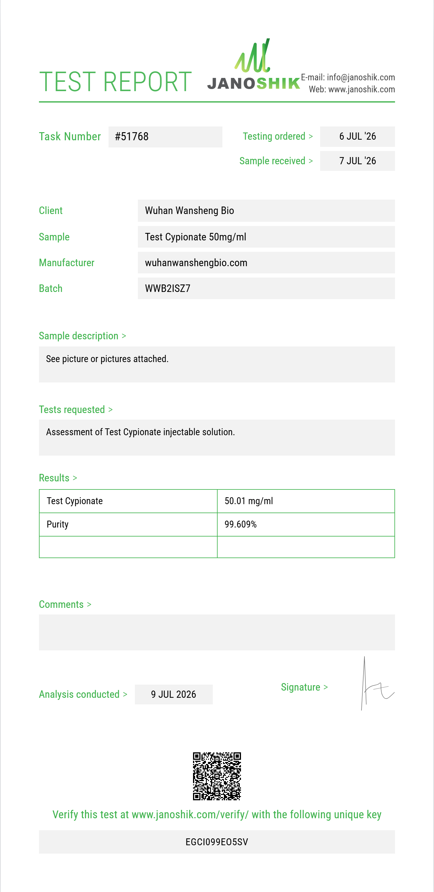 Test Cypionate Purity (HPLC) report by Janoshik Analytical