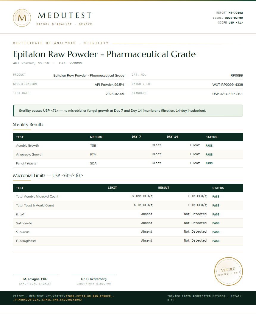 Epitalon Raw Powder - Pharmaceutical Grade Sterility report by Medutest