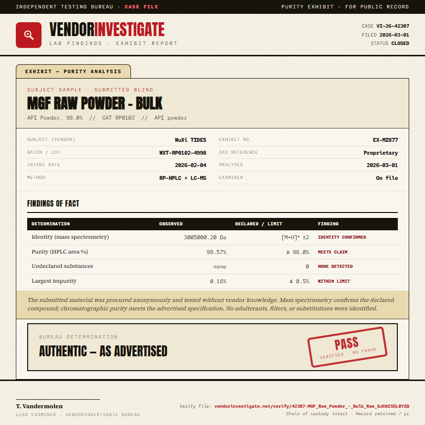 MGF Raw Powder - Bulk Purity (HPLC) report by VendorInvestigate