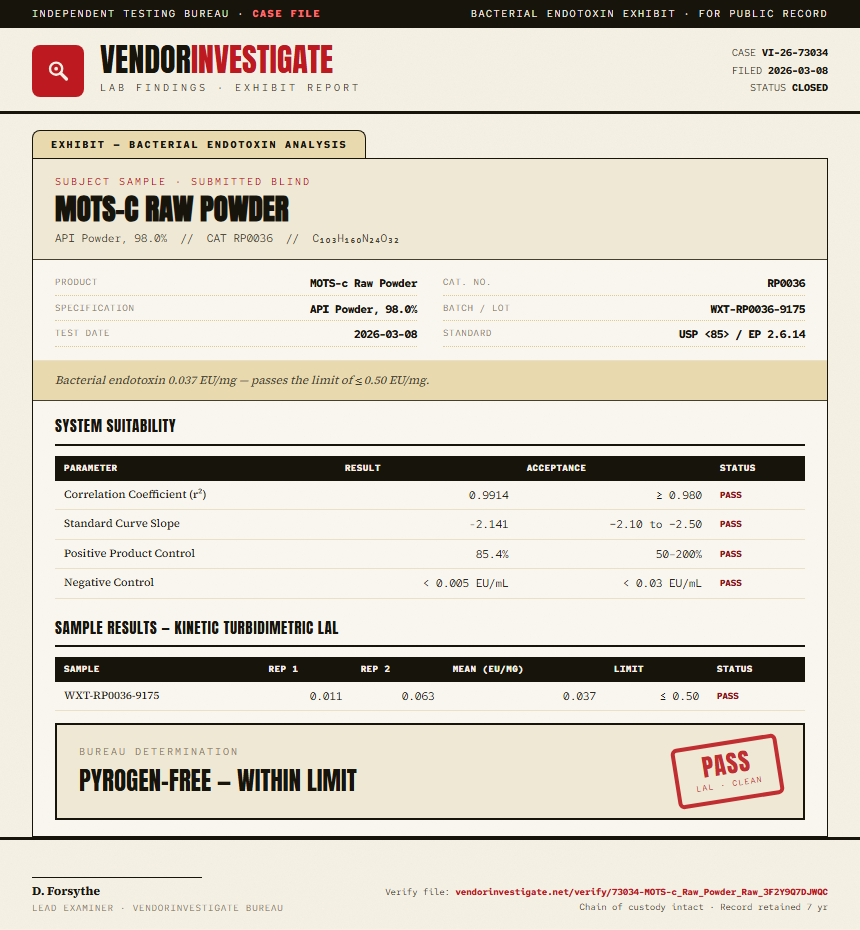 MOTS-c Raw Powder Endotoxin report by VendorInvestigate