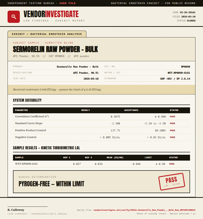 Sermorelin Raw Powder - Bulk Endotoxin report by VendorInvestigate