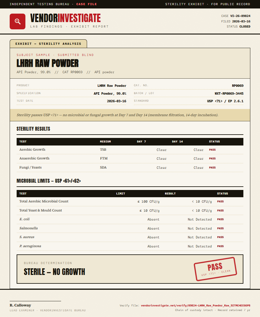 LHRH Raw Powder Sterility report by VendorInvestigate